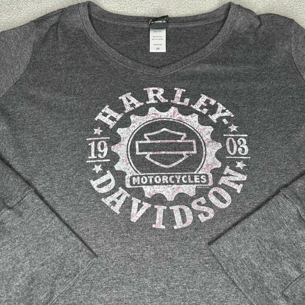 Harley-Davidson Shirt Womens 2X Gray Long Sleeve V Neck Graphic Moto Top USA